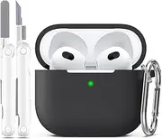 R-fun Compatible with AirPods 3rd Generation 2021 Charging Case Cover, Soft Silicone Protective Case Compatible with Apple Airpod 3 Gen with Cleaner Kit & Keychain,Black