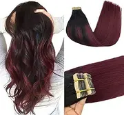 GOO GOO Tape in Hair Extensions Real human hair 20pcs 50g 55cm Balayage Jet Black to Red Real Remy Hair Extensions Seamless Straight Human Hair Extensions