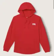 VS PINK Varsity Long Sleeve Red Pullover Hooded Tee Size Medium. NWT!