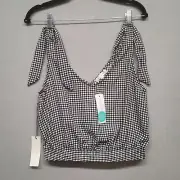 NWT Nine Britton Womens Black White Gingham Tie Sleeve Cropped Blouse Size XSP