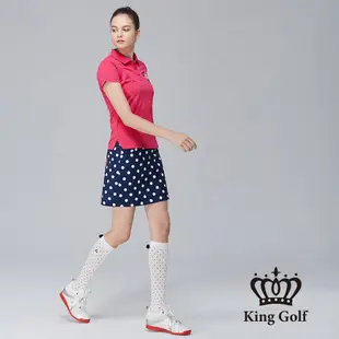 【KING GOLF】女款愛心皇冠領口拼接色塊造型POLO衫/高爾夫球衫-桃紅