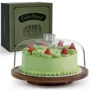 Wooden Cake Stand With Dome Lid Acacia Wood Rotating Plate Cover Display Acrylic