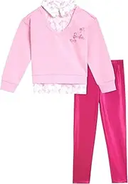 [Barbie] Girls 2fer Drop Shoulder Fleece Sweatshirt and Leggings Outfit Set Toddler to Big Kid Sizes (2T - 14-16)