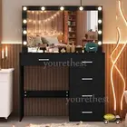Black Dressing Table With Large Makeup Mirror &11 LED Bulbs Drawers Vanity Desk
