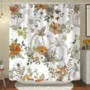 Cute Fall Pumpkin Shower Curtain, Autumn Thanksgiving Watercolor Teal Pumpkin Fabric Shower Curtains Set For Bathroom Decoration With Hooks 72 X 72 In