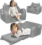 LIODUX Kids Sofa Chair, 2-in-1 Child Plush Couch, Fold Out Convertible to Lounger, Extra Wide and Comfy for Boys and Girls (Grey)