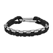 Black Leather and Rope Stainless Steel Bracelet with Carabiner Clip Clasp - 8.5"