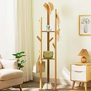 Bamboo Clothes Hanger Stand,Freestanding Cloth Rail Wooden Clothes Rack with 3 Tier shelves and 10 Hooks Entry Hall Tree Multifunctional Coat Stand for Bedroom Hallway(Wood)