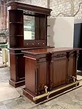 Home Bar Classic Mahogany Wood Home Bar Set with Back Storage Cabinet, Built-in Shelving, Brass Footrail, and Elegant Traditional Design
