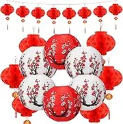 20 Pcs 12" Cherry Blossom & 8" Red Chinese Paper Lanterns, Festive Decorative Hanging Lanterns for Multiple Occasions (Red, White)