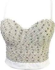 [Woboren] Women's Crop Top Rhinestone Corset Bustier Clubwear Party Bra with Detachable Strap