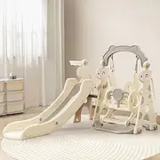 Bopeep 4 in 1 Kids Slide and Swing Set, with Climber Steps Basketball Hoop Indoor Outdoor Playground Activity Centre Toy Stairs Playset Equipment,Beige