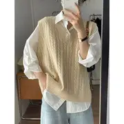 Plain Shirt / V-Neck Cable Knit Sweater Vest Vest - Almond - S