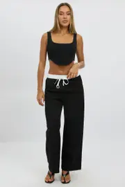 Black Wide Leg Pants Elasticated Contrast Waist - Size 16XL, Women's Wide Leg Pants