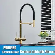 Filtered Water Kitchen Faucet Black Pull Down Flexible Sprayer Brass 360 Swivel Purification Pure Water Mixer Tap 3 Way Faucet Brushed Gold