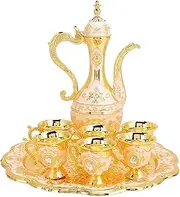 Turkish Coffee Cup Set, Turkish Teapot Turkish Tea Set Wine Cup Set, Vintage Turkish Coffee Pot Set with 6 Coffee Cup and Tea Tray Art Crafts Wedding Gift (Pink)