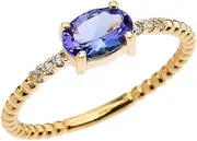 [Dainty and Elegant Gold Rings] 14k Yellow Gold Dainty Diamond and Oval Tanzanite Beaded Stackable/Promise Ring