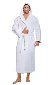 White Hooded Robe for Men, Fits Adult Medium to XL Sizes.