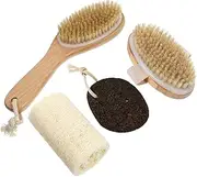 Bathing Back Brush Set 4 Piece Loofah Sponge Kit Includes Pumice Stone for Gentle Exfoliati