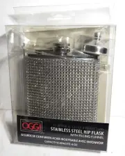 Atainless Steel Hip Flask with Filling Funnel--Clear Stones--NIP--6OZ