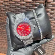 ICED HIP HOP SILVER PT DIAMOND CUT RED DIAL BLING SILVER WATCH, BRACELET SET