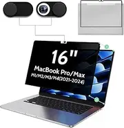 Privacy Screen for MacBook Pro 16 Inch(2024, 2023, 2022, 2021, M4-M1, Pro, Max), Anti Blue Light Glare Filter Removable Computer Protector, Bubble-Free Monitor Shield Laptop Film With Camera Cover
