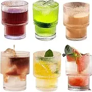 Luminthra Ribbed Drinking Glasses Set of 6, 7 oz - Origami Style Highball Glass Tumblers for Cocktails, Coffee, and Whiskey - Classic Vintage Design (Set of 6)