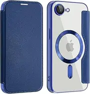Magnetic Case for iPhone 16e Compatible with MagSafe, PU Leather Flip Wallet with Card Slot, Transparent Mobile Phone Case for iPhone 16e, Blue