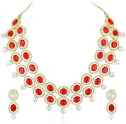 [Aheli] Cubic Zirconia Red Crystal & Beads Studded Necklace Drop Earring Fashion Jewellery Set for Women, One Size, Metal, No Gemstone
