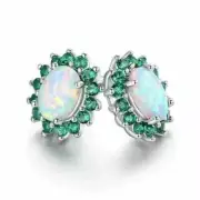 2.20Ct Oval Lab Created Fire Opal Halo Women Stud Earring 14K White Gold Plated