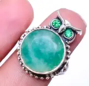 Emerlad Quartz - Dyed Quartz & Emerald (Simulated) 925 Silver Owl Ring 8 R14
