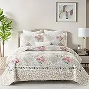 FineStichery 100% Cotton Oversized Quilt Bedspread 128"x120", Lightweight California King Bedspreads Coverlets, Extra Large Floral Quilt, Quilted Reversible Bedding Cover, 3 Piece, Brown