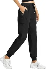 [Buauty] Women's Hiking Pants - Lightweight Quick Dry Cargo Joggers with Pockets, Elastic Waist for Outdoor and Travel, Black, Large