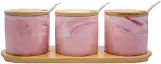 Set of 3 Marble Ceramic Condiment Spice Jars With Spoons and Bamboo Lids & Tray