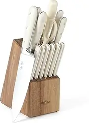 MARTHA STEWART Eastwalk 14pc Stainless Steel Cutlery Knife Block Set w/ABS Triple Riveted Forged Handle Acacia Wood Block - Linen