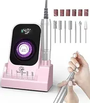 Portable Nail Drill Electric File: Professional Nail E-File Machine 40000RPM for Acrylic Nails Remove Nail Gel Polish Manicure, Rechargeable Cordless Nail Drill with Bits & Base for Salon Home, Pink