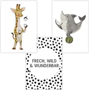 Baby Room Pictures Set of 3 | Children's Room Decorative Posters DIN A4 | Wall Pictures Cheeky Wild Wonderful Premium | Animals Wall Poster Girl Boy | Giraffe Shark