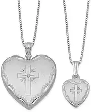 [JewelryWeb] 925 Sterling Silver Satin Back Spring-Ring Holds 2 photos Not engraveable Diamond Religious Faith Cross Love Heart Locket and Pendant Set 23.75mm Wide-Locket Necklace for Women