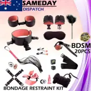 20pcs BDSM Bondage Kit Restraint Collar Cuffs Whip Beginners Pack Fetish Sex Toy