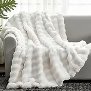TARODEA Faux Fur Throw Blanket for Couch, Fuzzy Soft Plush Thick Bubble Blanket for Sofa Bedroom Living Room (Cream White, 130x160 cm)