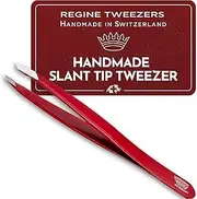 Regine Switzerland Slant Tweezer - Handmade in Switzerland - Professional Eyebrow & Facial Hair Remover - Etched Interior Grabs Hair from The Root - Perfectly Aligned Tips - Stainless Steel, Red