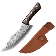 20cm Fixed Blade Knife Full Tang Rosewood Handle Leather Sheath Camping Hunting