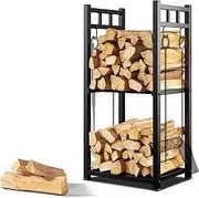 Firewood Rack Indoor, 2-Tier Log Holder with 4 Hooks, Wrought Iron Rack Storing Wood Logs fo Indoor Fireplace, Deocr, Outdoor Patio, Fire Pit, Deck, 16in(L) x 12in(W) x 32in(H)