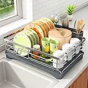 Dish Drying Rack - Stainless Steel Dish Rack for Kitchen Counter, Large-Capacity Dish Drainer with Cutlery Holder, Kitchen Organizer for Dishes, Spoons and Forks, Silver