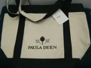 PAULA DEEN CANVAS TOTE BAG BEIGE EMBROIDED ZIPPER CLOSURE INSIDE ZIP POCKET NEW!