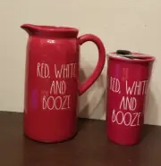 Rae Dunn Ceramic 9 in "Red, White and Booze" Pitcher & Ceramic Travel Cup New