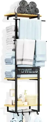 Wall Towel Racks Bathroom, 3 Tier Bath Towel Storage, Towel Shelf with 4 Hooks,