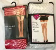 NIP Black Heart Red Fishnet Tights & Music Legs Lace Top Diamond Thigh Hi One Sz
