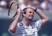 Andre Agassi USA reacts during the Lipton Championships at the Ten- Old Photo
