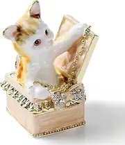 NIODAY Hand Painted Trinket Box Enamel Vintage Jewelry Box Hinged Metal Jewelry Organizer Decorative Treasure Box Unique Gifts Box Cat